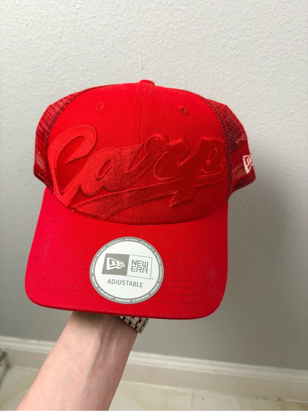 New Era Hiroshima Toyo Carp Red Trucker SnapBack Hat With Stickers